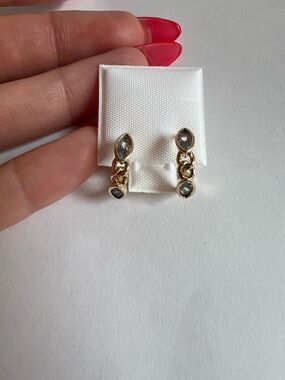 14k Gold Plated Chain Link Drop Earrings with Clear Stones